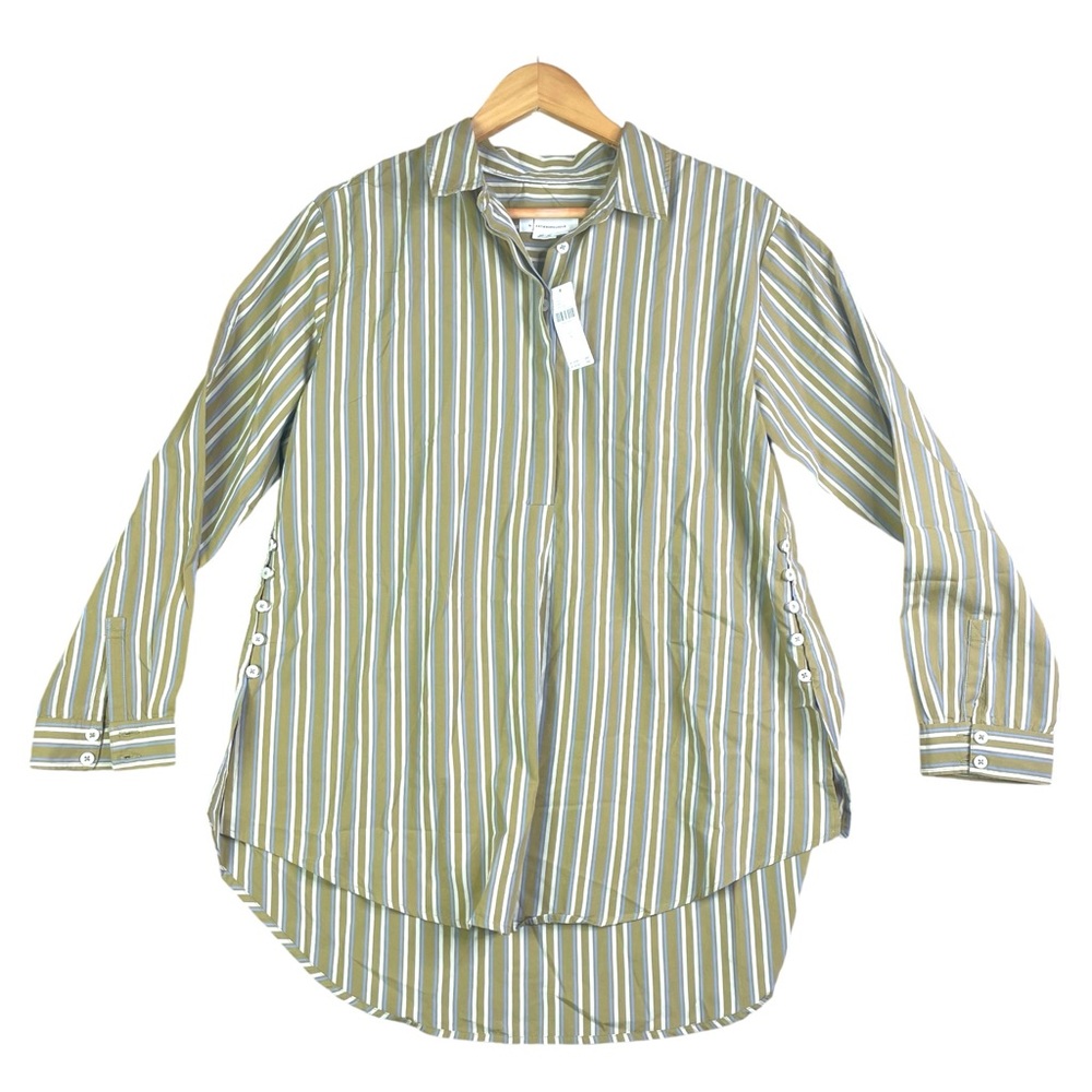 Anthropologie Women Cotton Striped Print Long Sleeve Button Up Top Green S NWT